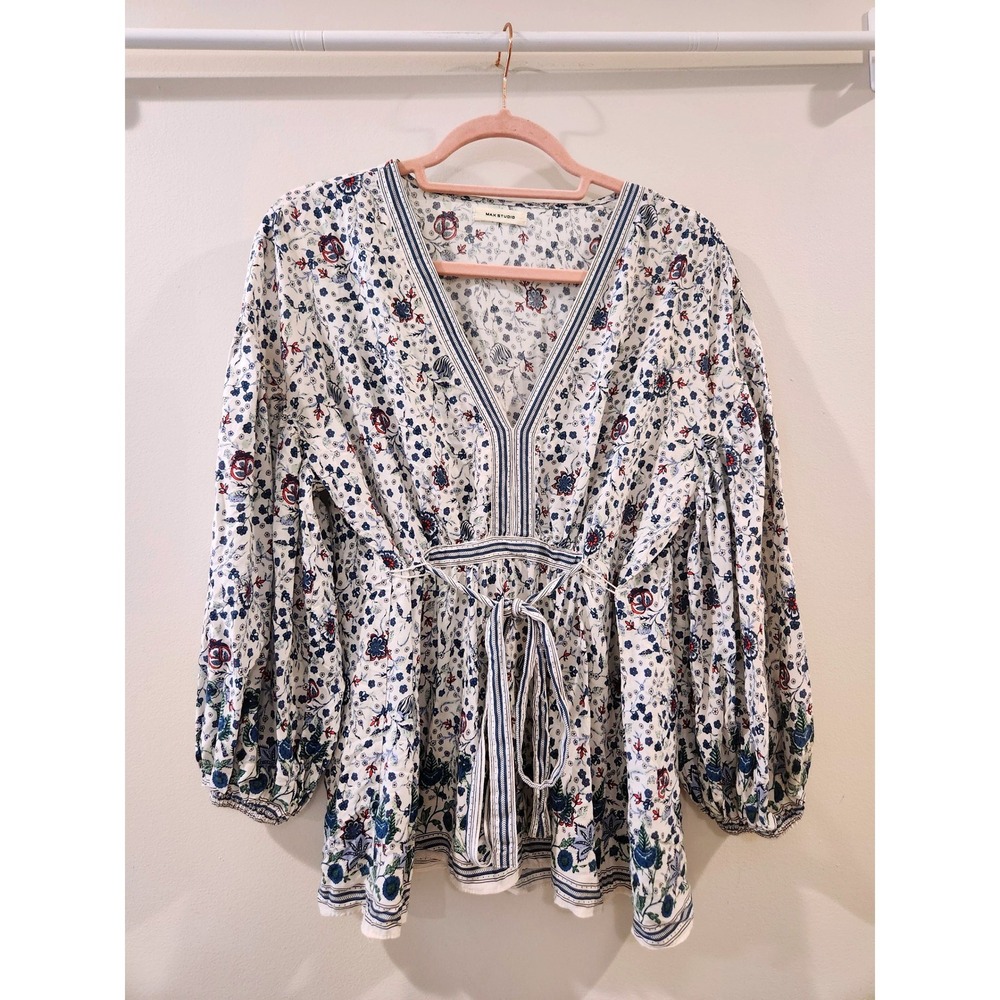 MAXSTUDIO Floral Blouse Tie Waist Balloon Sleeve‎ V Neck Boho Rayon Top